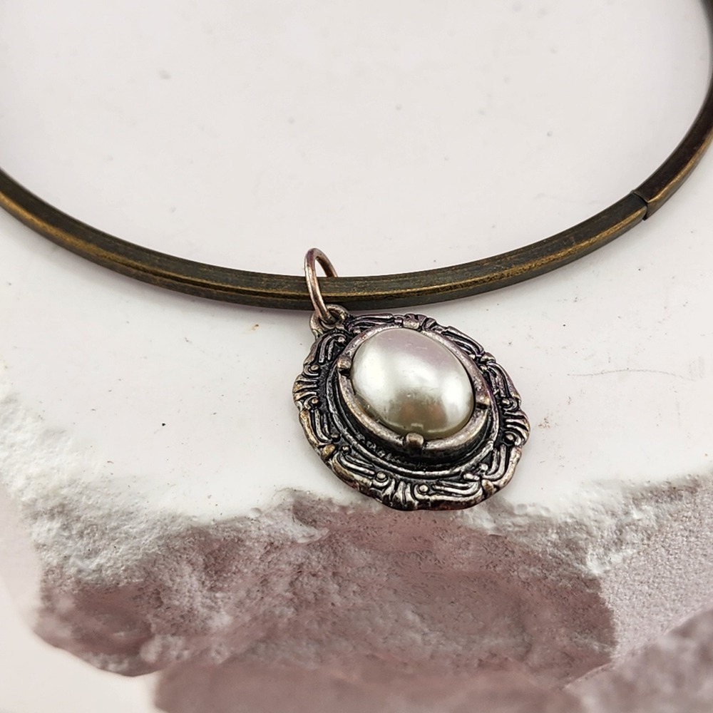 Vintage Brass Tone Faux Pearl Oval Charm Bangle Bracelet 8.25" Ornate Boho